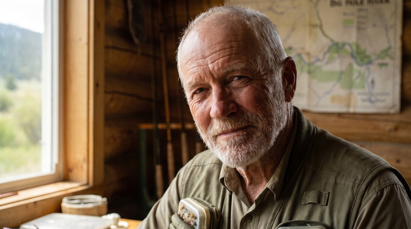 Julius Fedman, an older angler with a white beard and a fishing vest, in his fly shop